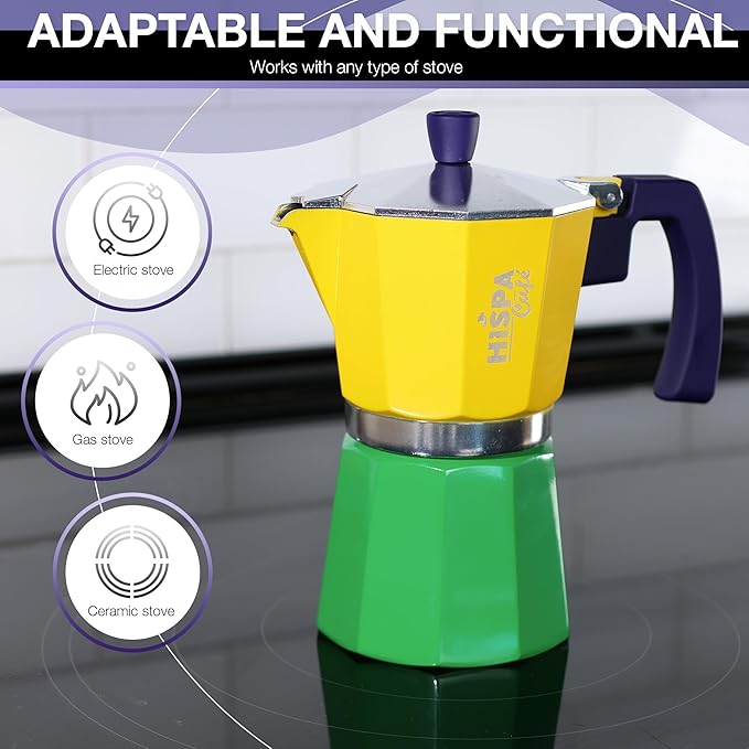 Stovetop Espresso Coffee Maker Moka Pot, 3 Espresso Cups (6 oz.), Aluminum, Silver, Green, Blue and Yellow, Brazil Themed, Cafeteira, Cafetera