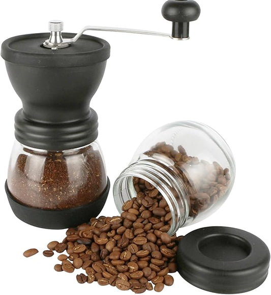 4-Piece Mini Manual Coffee Grinder Set with Conical Ceramic Burrs, Manual Adjustable Coarseness, Includes Two Glass Jars, Cleaning Brush, and Measuring Spoon