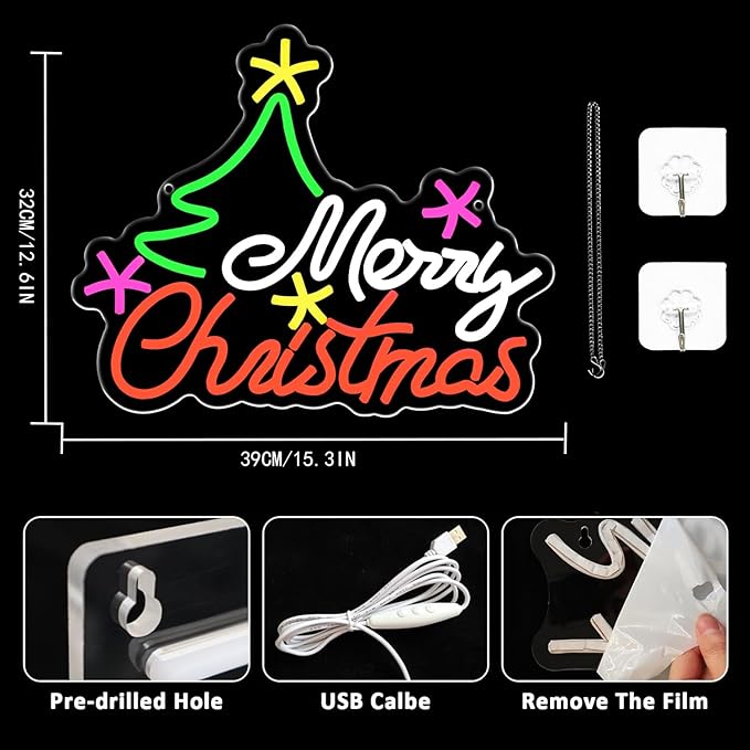 Merry Christmas Neon Sign for Wall Decor, Christmas Tree Neon Light USB Dimmable Colorful Neon Signs for for Bedroom, Home Bar, Party Decorations Teens Family Gifts