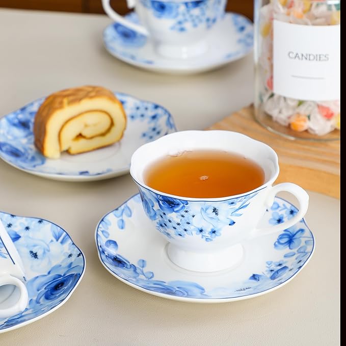 Porcelain Tea Cup and Saucer Set of 6 (12-Piece) - 6oz Cups with Classic Blue Floral Pattern for Tea Party, Dishwasher & Microwave Safe