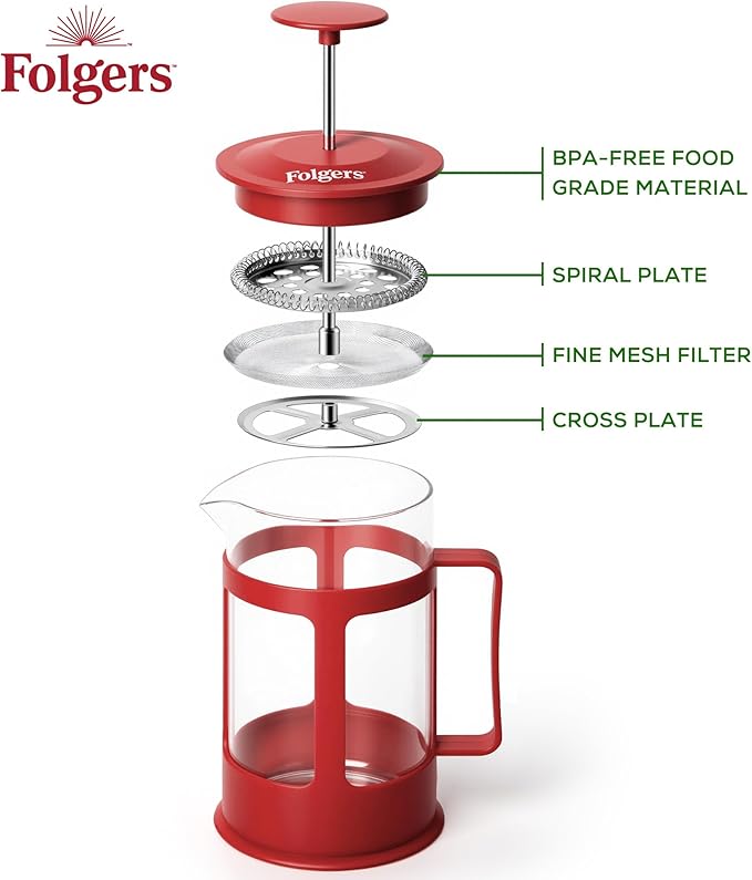 LORD'S ROCKS Folgers Coffee French Press – 600ml Heat-Resistant Glass Coffee Maker with Stainless Steel Filter, Durable Red Frame & Handle, Easy Brewing for Fresh, Bold Flavor