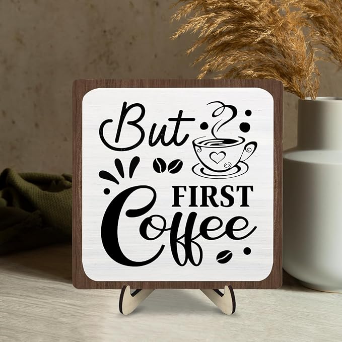 Coffee Bar Sign Plaque, Coffee Bar Accessories,Rustic Farmhouse Cafe Sign for Kitchen Office,Wooden Tabletop Plaque with Stand,Cute Mini Café Bar Decor Gift 5.9x5.9inch