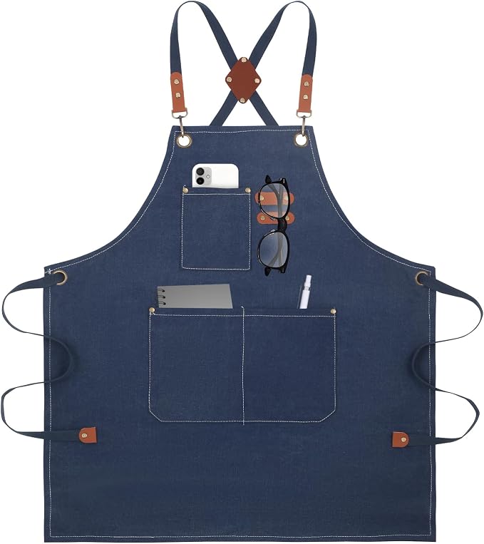 Aprons For Women Men With Large Pockets, Waterproof Cotton Chef Aprons For Cooking Server Grilling Bbq Kitchen by YELEGAI