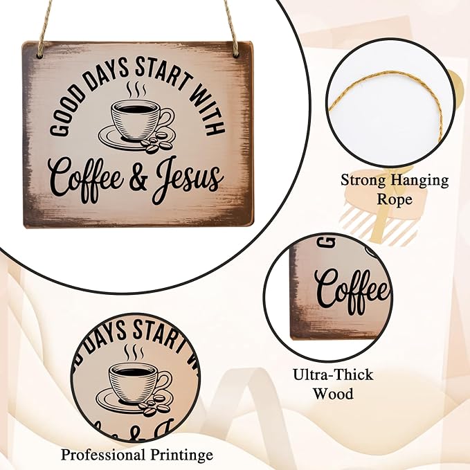 Coffee Signs, Good Days Start with Coffee and Jesus Sign, Wood Farmhouse Wall Sign Bar Decor for Kitchen, Home, Office, Cafe Station Housewarming Gift - Image 2