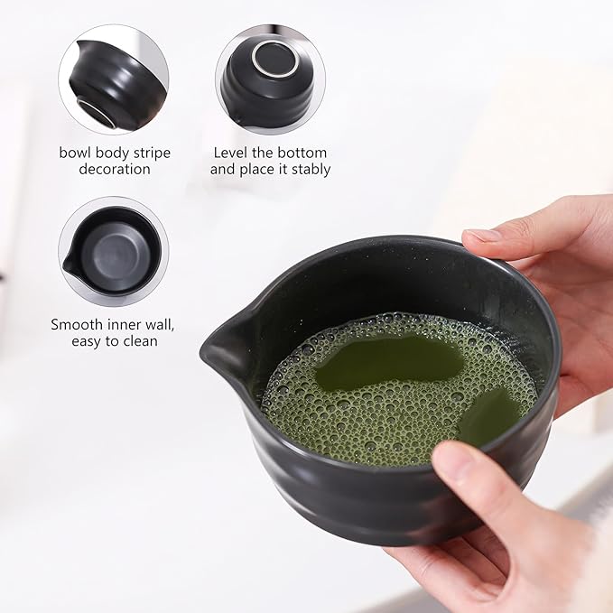 Matcha Tea Set – Traditional Japanese Ceremony Kit with 18.5OZ Ceramic Bowl, Bamboo Whisk, Scoop, and Holder – Ideal for Authentic Matcha Preparation and Gifting (Matte Black)