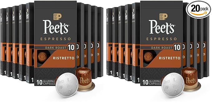 Peet's Coffee, Dark Roast Espresso Capsules, Compatible with Nespresso Original Machine - Ristretto Intensity 10, 100 Count (10 Boxes of 10 Espresso Capsules) (Pack of 2)