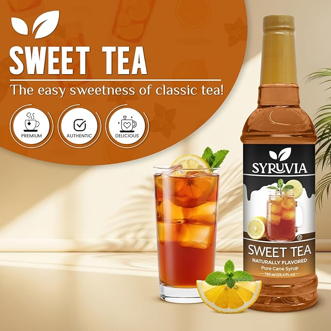 Syruvia Sweet Tea Flavored Syrup for Drinks, Cocktails, Lemonades, Iced Teas and Desserts – 25.4 fl oz, With Pump