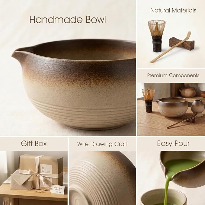 Matcha Whisk Set, 5-Piece Matcha Kit with Handmade Ceramic Bowl, 100-Prong Bamboo Whisk, Scoop, Holder & Rest – Premium Matcha Tea Set for Beginners & Tea Lovers, Gift Ready