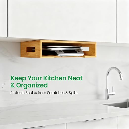 Bamboo Kitchen Scale Holder, Wall Mount or Magnetic Fridge Mount – No-Drill Adhesive Organizer for Digital Food & Coffee Scales | Slim Space-Saving Storage