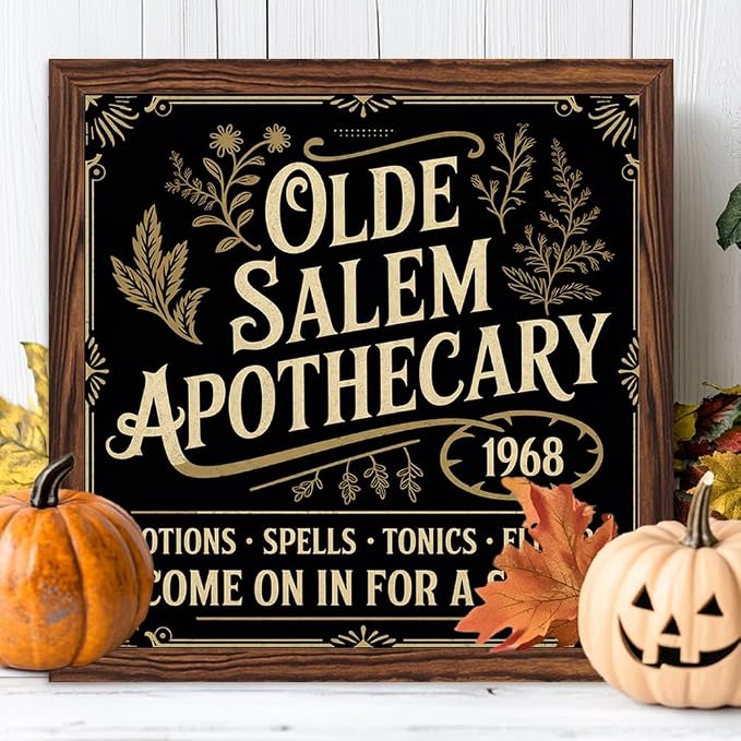 Halloween Decorative Sign, Olde Salem Apothecary Wooden Sign, With Frame Witchcraft Sign for Home Kitchen, Cafe, Bar, Garage Halloween Decor 7.87x7.87 Inch - Image 3
