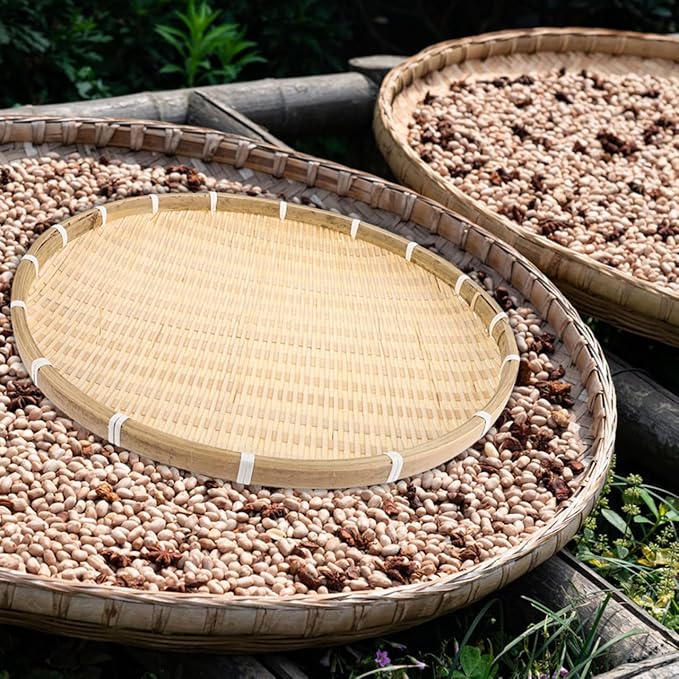 GANAZONO 16 Inch Bamboo Round Tray Woven Basket for Food Serving and Drying Handmade Bamboo Sieve for Kitchen Home and Party Use