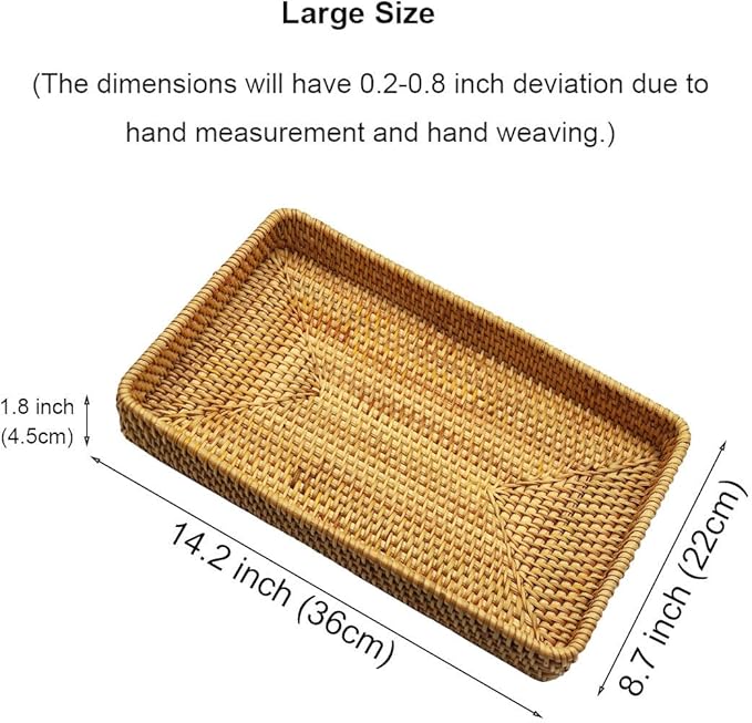 RT&BS Large Rattan Tray Rectangle, Rattan Barbecue Tray, Natural Rattan Serving Trays, Bathroom Vanity Trays, Handwoven Serving Basket for Food, Drinks, Decor in Kitchen, Restaurant, Bar, Cafés