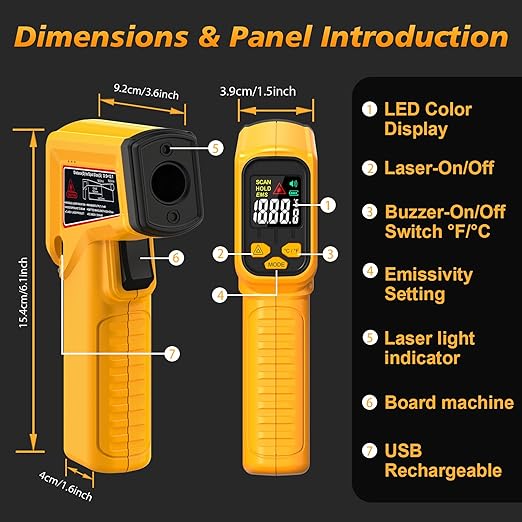 FKM Rechargeable Infrared Thermometer Gun Non-Contact Laser Thermometer Gun,High Precision,-58°F~1472°F,Digital IR Temperature Gun for Cooking,Griddle,Oven,Meat Food,HVAC,Automotive,Industrial Tools