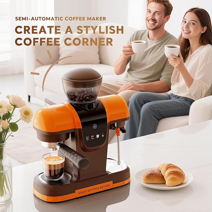 20 Bar Espresso Machine with Grinder & Steam Wand - Semi Automatic Coffee Maker, NTC Intelligent Temp Control, 58mm Stainless Steel Portafilter, One-Touch Panel for Home Barista (Removable Water Tank)