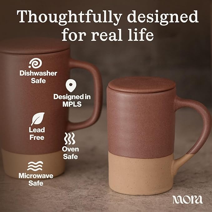 MORA Ceramics Tea Cup with Loose Leaf Infuser, Spoon and Lid, 12 oz, Microwave and Dishwasher Safe Coffee Mug - Rustic Matte Ceramic Glaze, Modern Herbal Tea Strainer - Great Gift for Women, Thyme