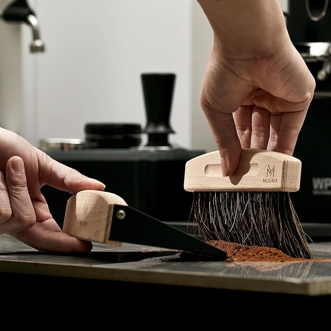 Coffee Brush and Dust Pan Set - Mini Hand Barista Broom, Magnetic Natural Horsehair Espresso Brush, Wood Barista Tools for Cleaning Tamping Station, Coffee Bar, Kitchen, Black