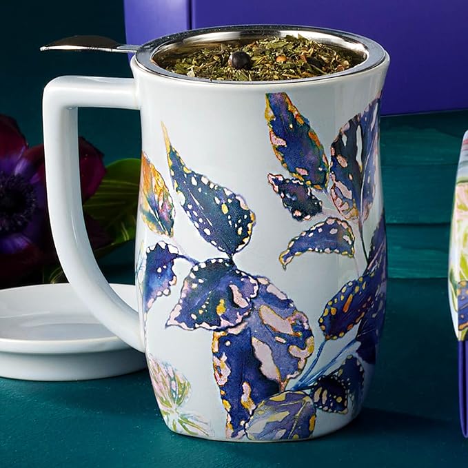 Tea Forte Ceramic Fiore Cup with Handle, Easter Basket Ideas, Removeable Stainless Steel Infuser Basket and Lid, Steeps 14 oz Loose Leaf Tea, Dishwasher & Microwave Safe, Demoiselle
