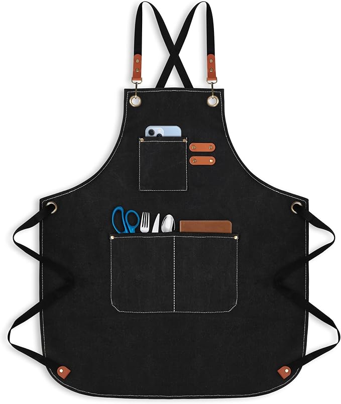 100% Cotton Canvas Apron | Unisex Cooking Apron for Men & Women with 3 Pockets & Adjustable Crossback Straps