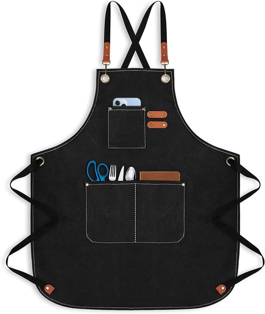 100% Cotton Canvas Apron | Unisex Cooking Apron for Men & Women with 3 Pockets & Adjustable Crossback Straps