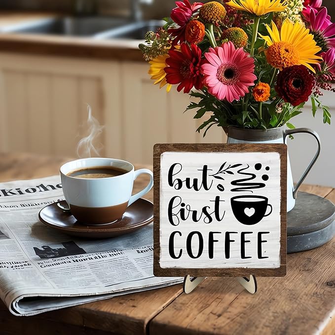 Vintage Coffee Bar Wooden Plaque Desk Sign, Farmhouse Wood Plaque Tabletop Decor for Cafe Bar Kitchen Office,Coffee Station Accessories 5.9x5.9Inch (White&Brown4, 5.9x5.9inches)