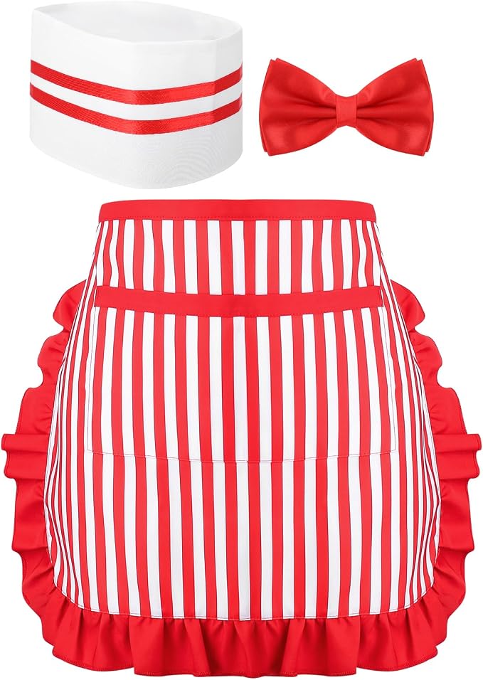 1950s Waiter Costume Kit, Soda Jerk Costume, Red and White Striped Half Apron with 2 Pockets, Chef Hat, Red Bow Ties by XLSXEXCL
