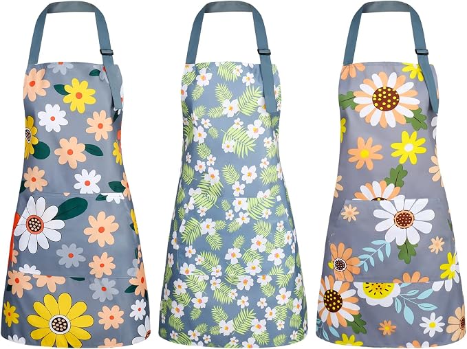 BOUMUSOE 3 Pack Floral Aprons with Pocket, Blooming Womens Aprons | Waterproof Adjustable Cooking Aprons for Kitchen Gardening and Salon by BOUMUSOE