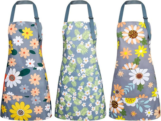BOUMUSOE 3 Pack Floral Aprons with Pocket, Blooming Womens Aprons | Waterproof Adjustable Cooking Aprons for Kitchen Gardening and Salon by BOUMUSOE