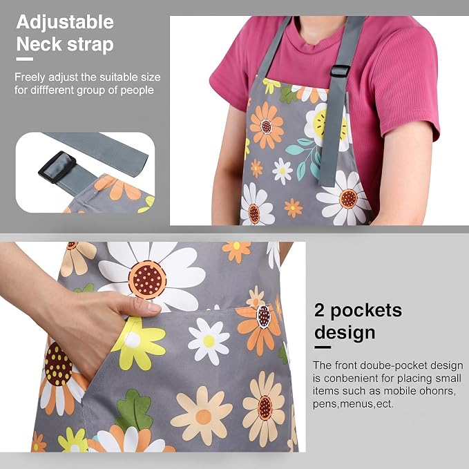 BOUMUSOE 3 Pack Floral Aprons with Pocket, Blooming Womens Aprons | Waterproof Adjustable Cooking Aprons for Kitchen Gardening and Salon - Image 4