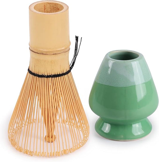 Matcha Tea Bamboo Whisk And Ceramic Rest 2 Piece Set - Mint Green Holder - 1 Set