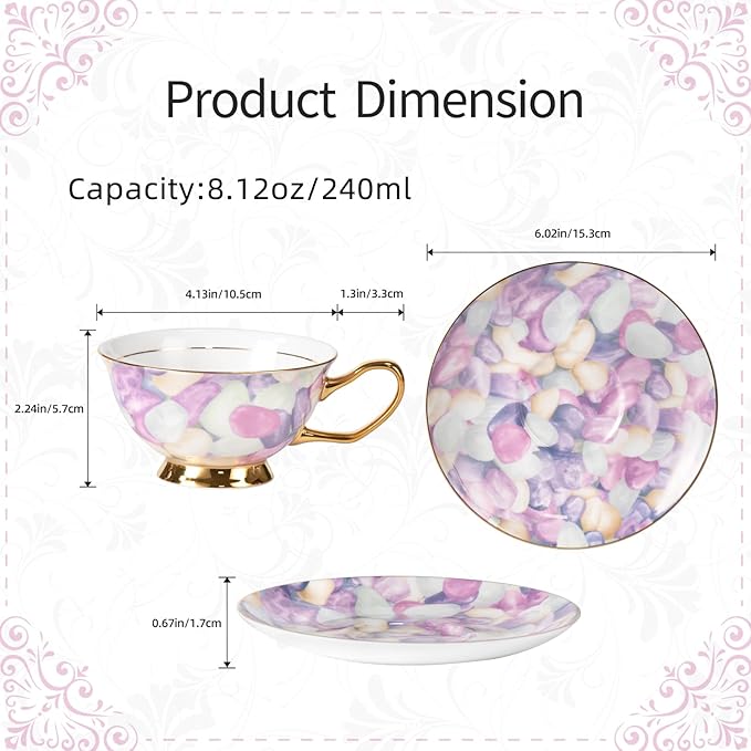 KAMMAK Tea Cups and Saucers Set of 2, Fine Bone China Coffee Cups, Stackable Espresso Mugs, Ceramic Demitasse for Coffee, Cappuccino, Latte, Americano, Tea, Pebble