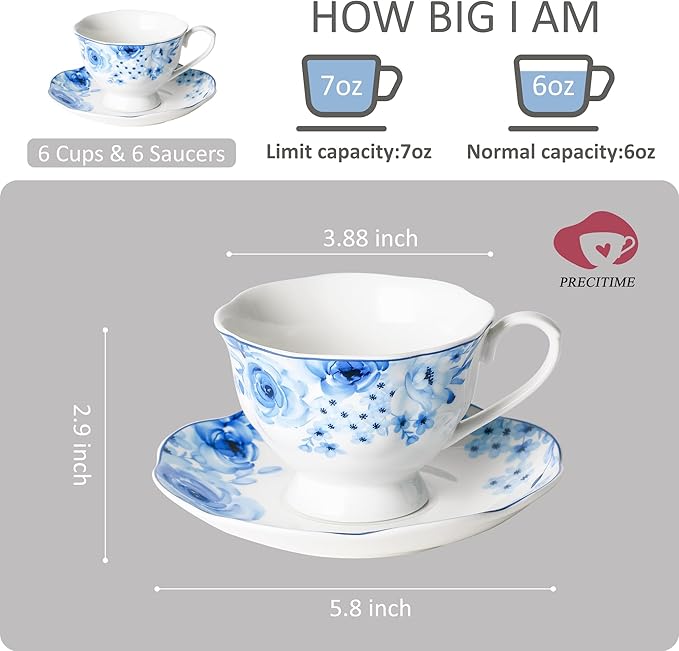 Porcelain Tea Cup and Saucer Set of 6 (12-Piece) - 6oz Cups with Classic Blue Floral Pattern for Tea Party, Dishwasher & Microwave Safe