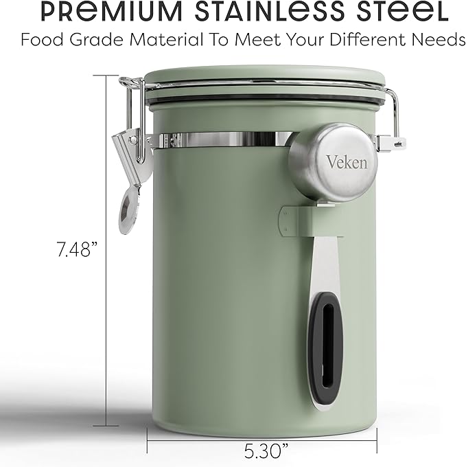 Veken Coffee Canister with Window, Easter Gifts Airtight Stainless Steel Container with Lids, Home Kitchen Food Storage Jars for Grounds, Beans, Tea, Flour, Cereal, Sugar, Basket, Scoop, 22OZ, Green