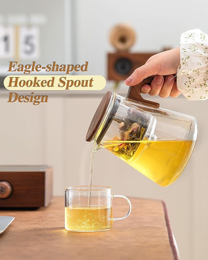 ZENS Magnetic Tea Pot, Enchanted Glass Teapot with Infuser and Magnetic Suction Lid for Mess-Free Loose Tea Diffusers, Walnut Wood Handle, Tea Lovers Gifts