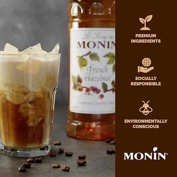 Monin - French Hazelnut Syrup, Nutty Flavor with Rich Caramelized Notes, Great for Coffee, Milkshakes, and Dessert Cocktails, Gluten-Free, Vegan, Non-GMO (1 Liter)