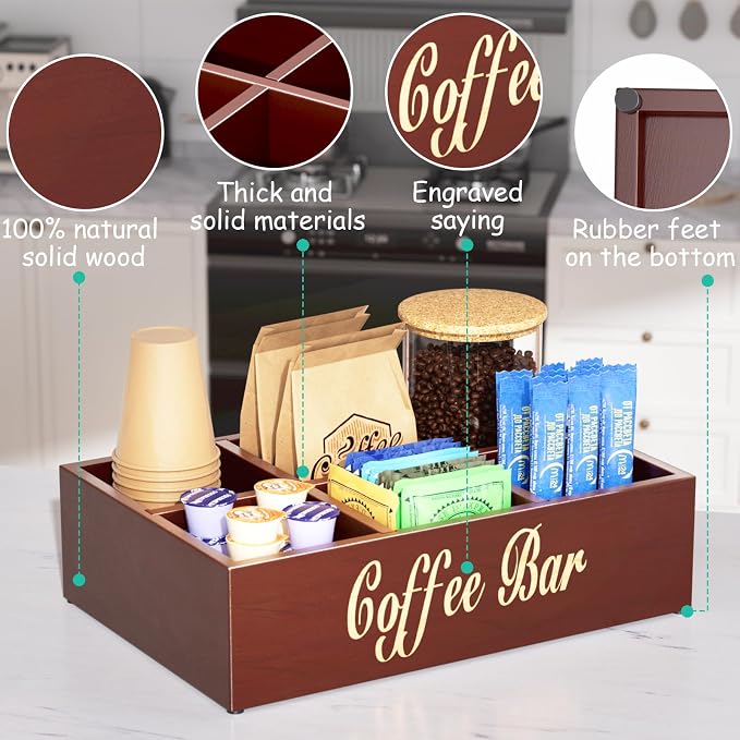 Coffee Station Organizer for Countertop, Wooden Coffee Bar Organizer with Removable Dividers, Farmhouse Coffee Pod Holder Storage Basket for Cocoa Tea Cup Dispenser, Coffee Bar Accessories Storage - Image 4