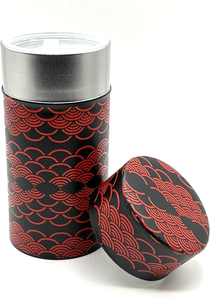 Japanese Tea Canister Tin KAMAKURABORI Nami(Wave) Pattern/Double Lid/Japanese Washi Paper Pasted /200g Tea Capacity/Loose Leaf Tea Storage/Storage Container with Lid