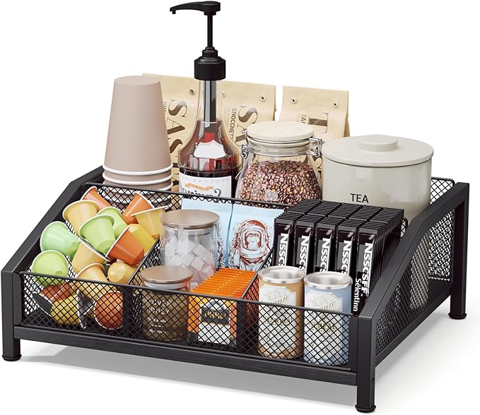 Homsorout Coffee Station Organizer - Coffee Bar Organizer with Removable Dividers for Pods Condiment Syrup Tea Stirrers, K Cup Holder for Kitchen, Office, Home, Countertop, Black