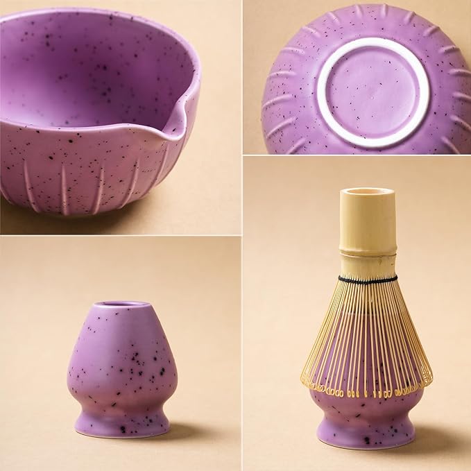 7Pcs Japanese Matcha Tea Set, Matcha Kit with Matcha Bowl (with Pouring Spout), Matcha Whisk, Whisk Holder, Strainer - Elegant Matcha Set for Gifting and Personal Use, Gift Box Packaging (Purple;)