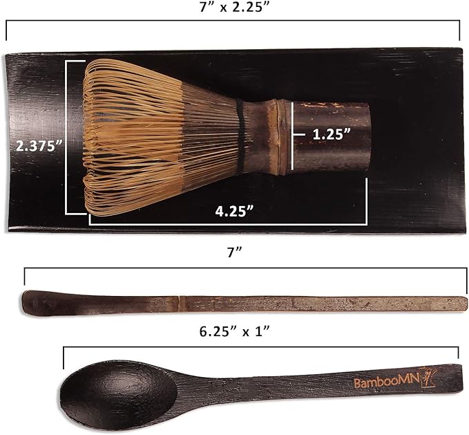BambooMN Matcha Whisk Set - Black Chasen (Tea Whisk), Black Tray, Chashaku (Hooked Bamboo Scoop), Tea Spoon - 2 Sets