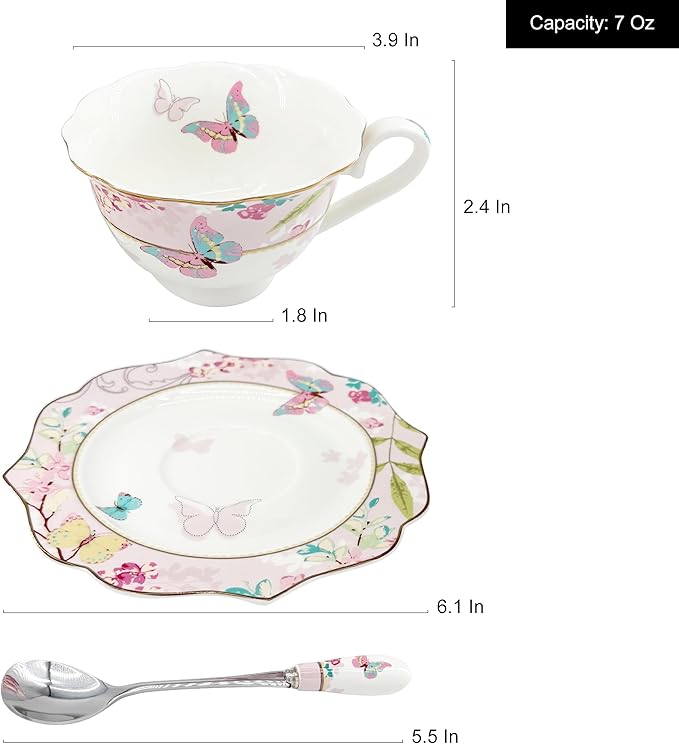 Vintage Ceramic Teacup, Elegant Coffee Cup with Spoon and Saucer Set, Royal Bone China Tea Cups (Pink)