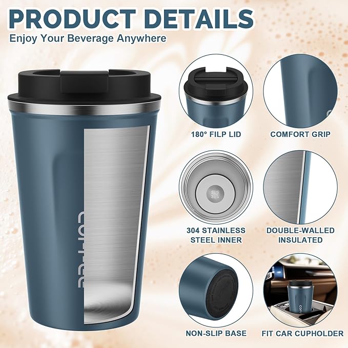 MOMSIV 12oz Travel Mug, Insulated Coffee Cup with Leakproof Lid, Vacuum Stainless Steel Double Walled Reusable Tumbler for Hot and Cold Water Coffee and Tea In Travel and Car Blue
