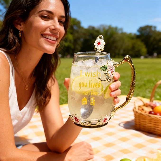 Unique Printing Glass Cup Flower Design Tea Cup Coffee Cup Ideal Christmas Gift for Friends Colleague BFF Her Women Neighbor (Neighbor)