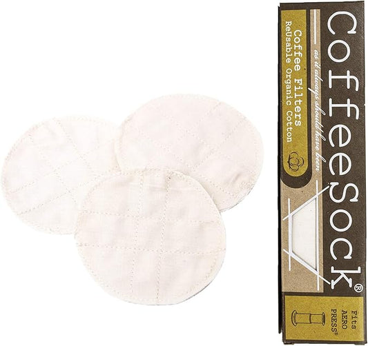 CoffeeSock ’The Original’ Reusable 100% Organic Cotton Coffee Filters - 3 pack Aeropress® Filters Disc fit | Coffee Sock Cloth Coffee Filter | Organic Cotton Alternative - Zero-Waste & Eco-Friendly