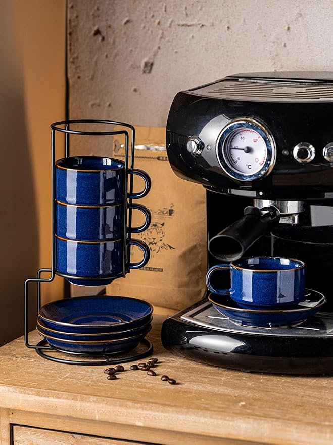 Gomakren 6 Ounce Cappuccino Cups with Saucers and Metal Stand, Stackable Coffee Cup Set of 4, Valentine Porcelain Espresso Cups for Coffee Drinks, Cappuccino, Latte, Americano, Tea, Cobalt Blue