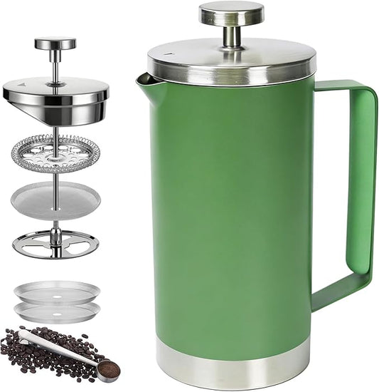 small French Press Coffee Maker 600ml, Double-Wall Insulated French Press Coffee Press Stainless Steel for travel camping, Silicone handle (2-4cup, 20 OZ) silver