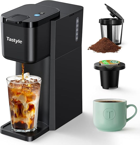 Mini Hot and Iced Coffee Maker Single Serve, for K Cup and Ground, 6 to 14 Oz Brew Sizes, with Recipe Book, for Home, Travel, RV, Office and Dorm, Classic Black (2.0 Version)