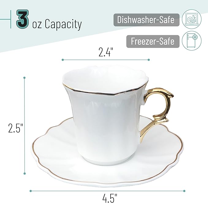 BTaT- Turkish Coffee Cup Set, 3 oz, 6 Pairs (12 pcs), Elegant White Cups & Saucers with Gold Trim & Gift Box, Small Porcelain Espresso Set for Serving Greek, Arabic & Turkish Coffee, Gift Giving
