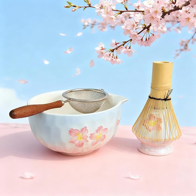 Matcha Whisk Set with Tray 8pcs, Matcha Kit includes Matcha Bowl, Matcha Whisk (Chasen), Whisk Holder, Scoop(Chashaku), Bamboo Placemat, Sifter, Tea Cloth Chakin，Blue & Pink