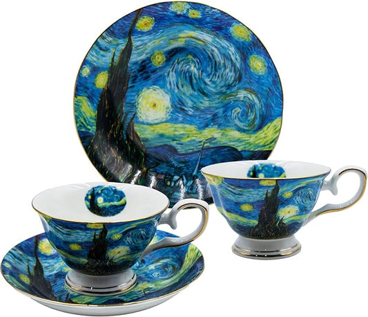 Floral Tea Cups Saucers Set of 2, Bone China 7 oz British Teacups Porcelain Coffee Cup for Rose Tea Cappuccino Espresso Latte (Starry Sky & Starry Sky)