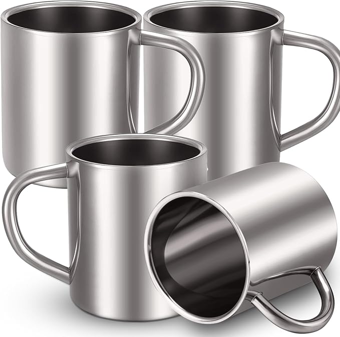 Cunhill 4 Set Small Stainless Steel Coffee Mug 13.5oz/400ml Metal Double Walled Cups Camping Mug with Handle Dishwasher Safe Tea Cups for Camping Travel Outdoors Rv Keep Drinks Hot